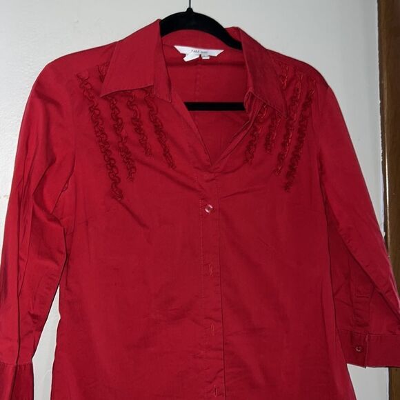 Zara Basic Women's Red 3/4 Sleeves Button Up Ruffle Front Shirt Size Small - Picture 7 of 7
